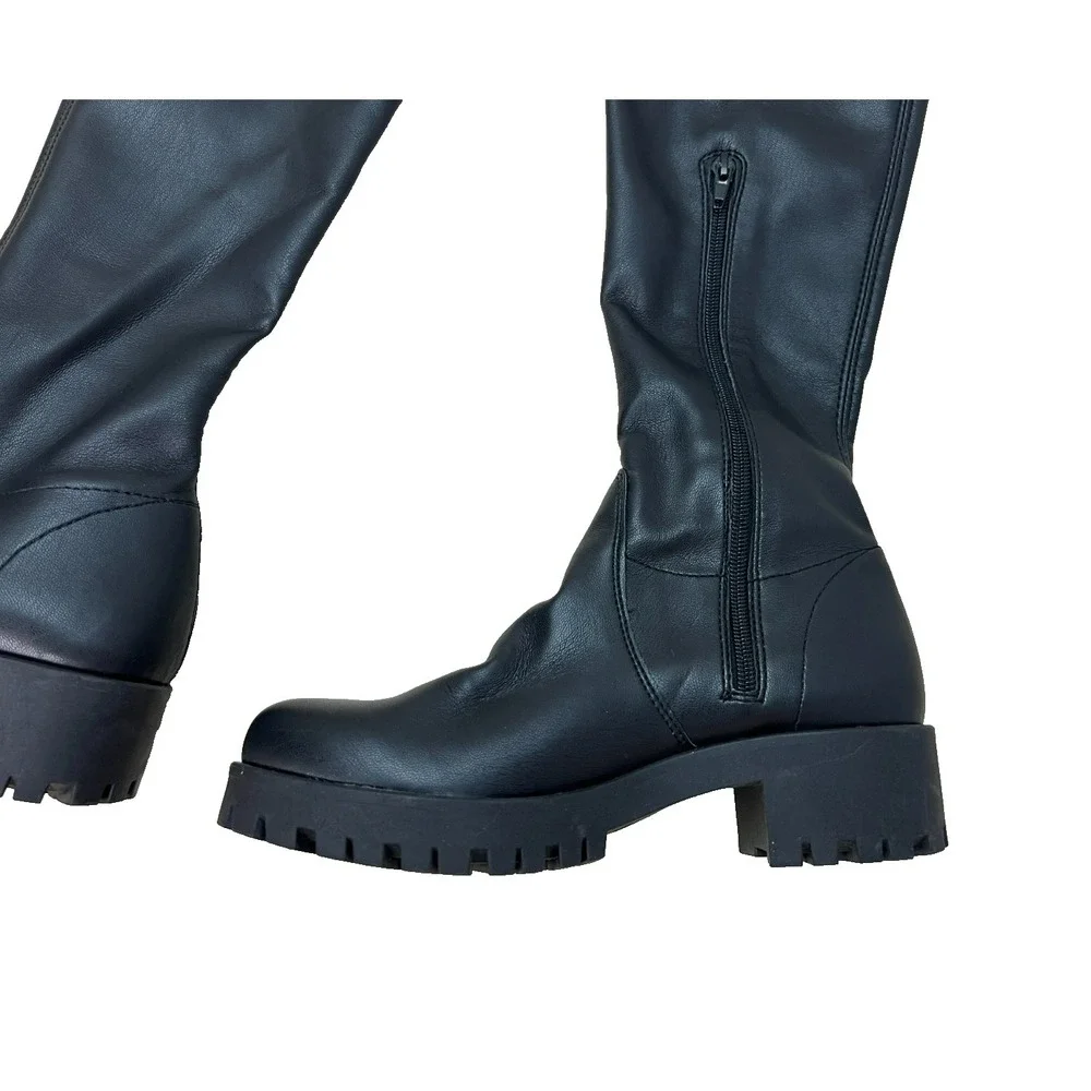 Mercante di Fiori Tall Black Boot Lug Sole Ankle Zip‎ Light Stretch Calf, 38/7.5